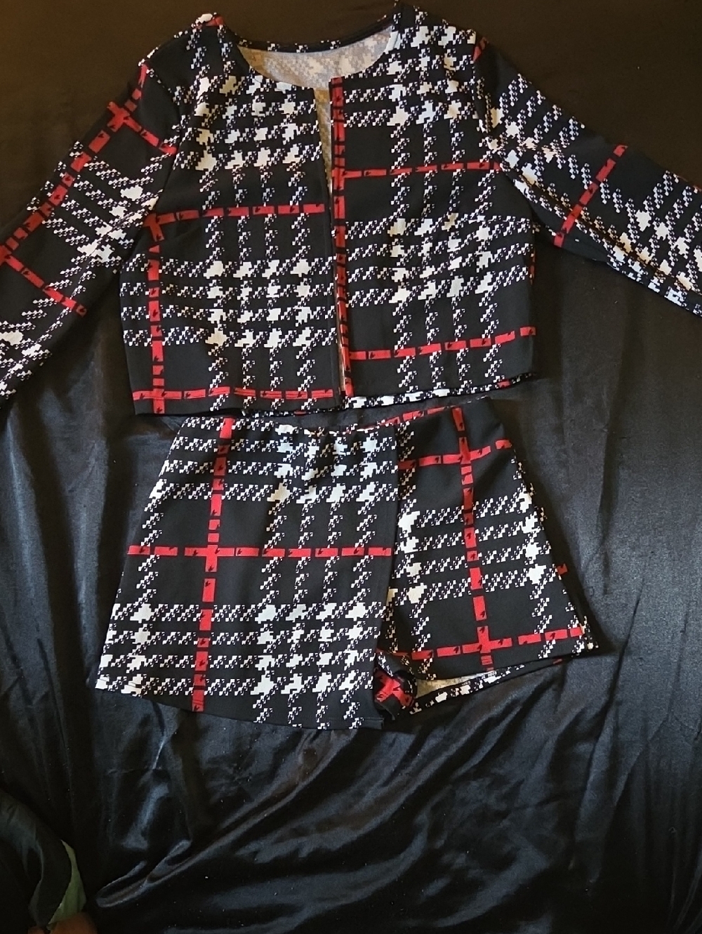Black, Red & White Plaid Set- Long Sleeve Cropped Lightweight Jacket & Shorts